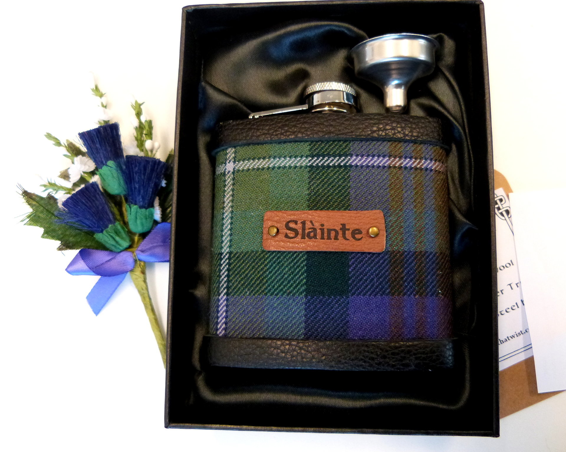 Isle of Skye tartan flask personalised choice of finish plain, engraved, thistle or leather