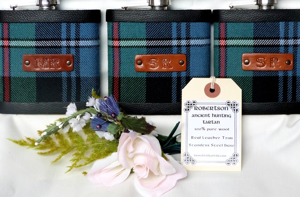 Bespoke Hip flask your Clan family or wedding tartan with hand embossed initials on leather tag