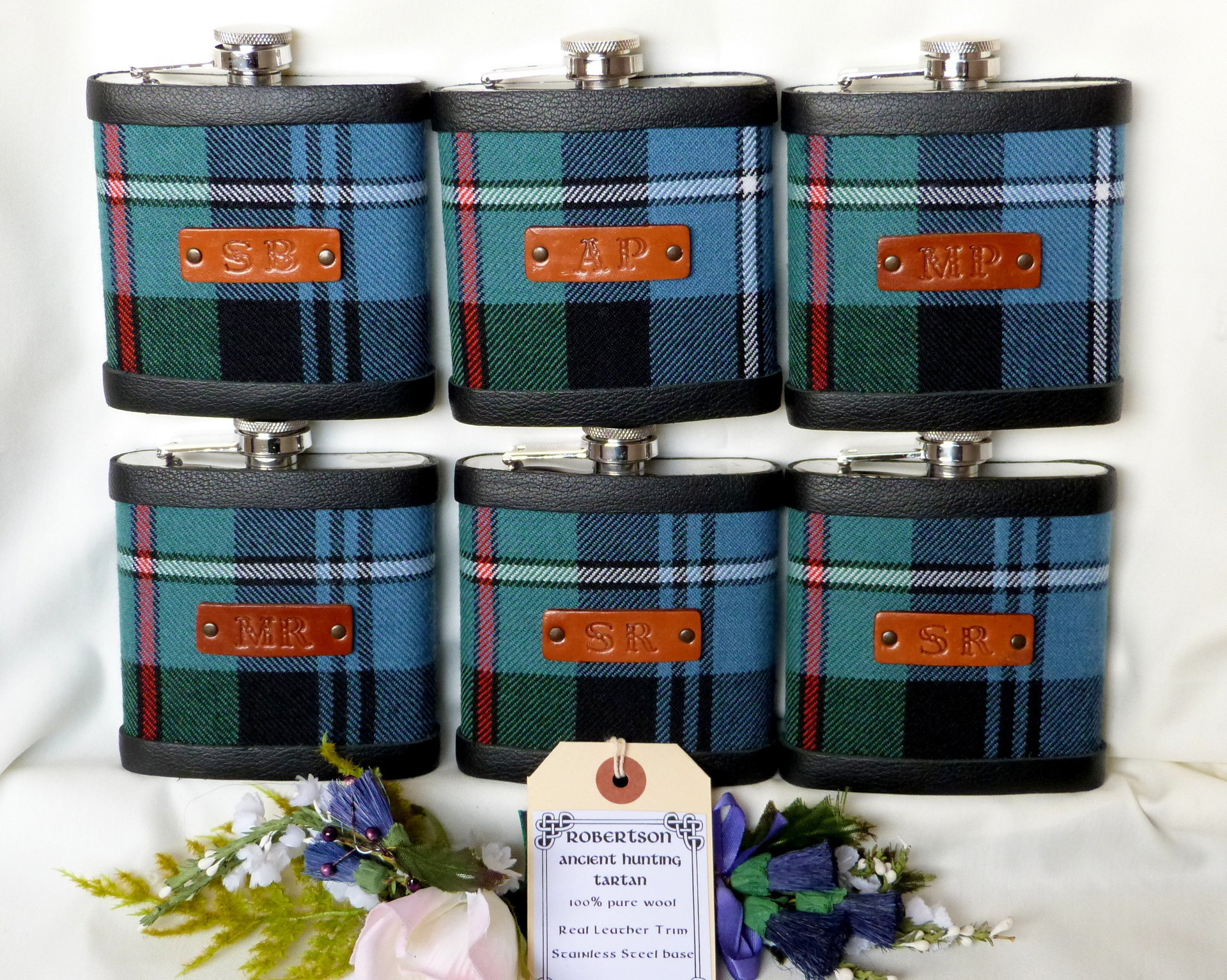 Bespoke Hip flask your Clan family or wedding tartan with hand embossed initials on leather tag