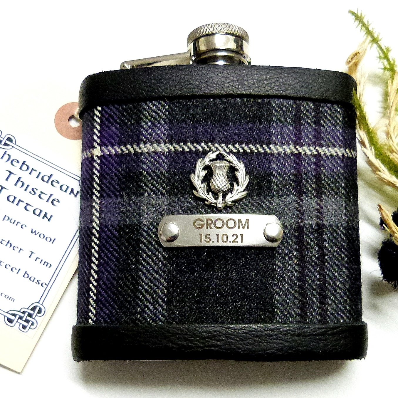 Hebridean Heather Tartan hip flask with thistle and custom engraved stainless steel tag with any name, date, motto etc.