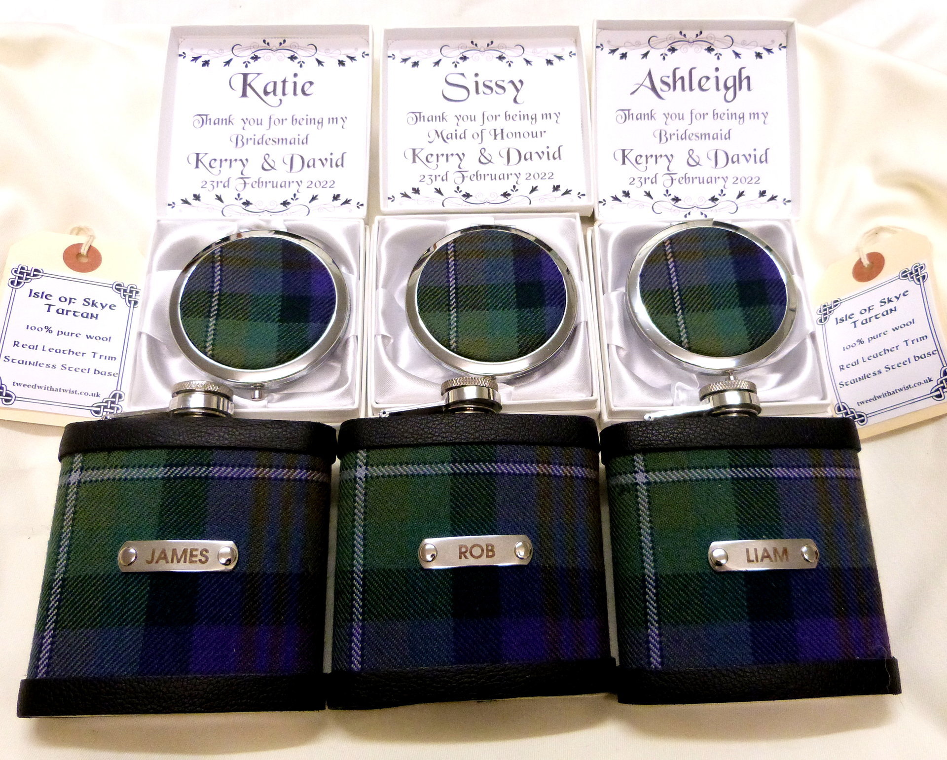 Isle of Skye tartan flask personalised choice of finish plain, engraved, thistle or leather