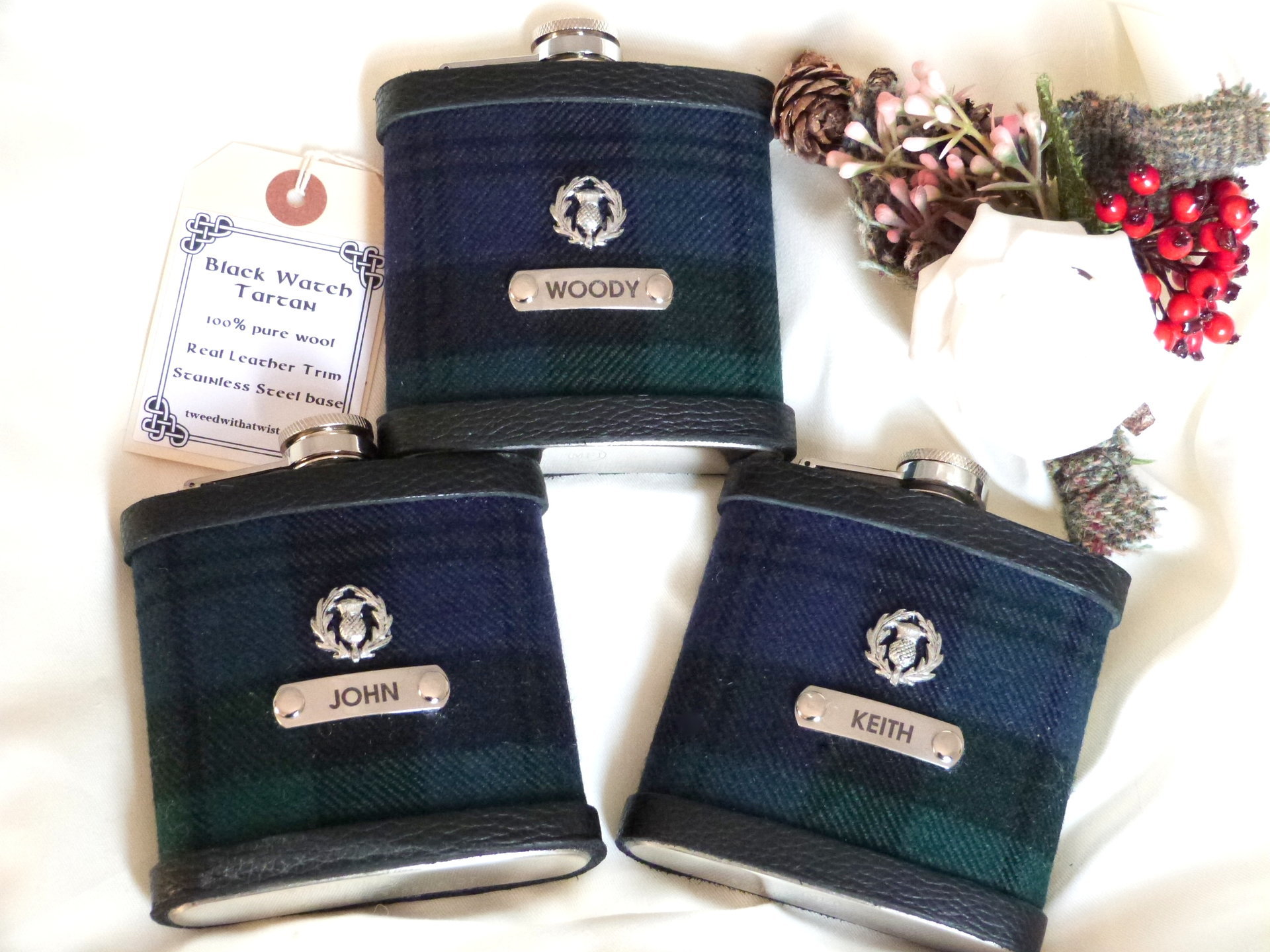 Black Watch tartan flask personalised choice of finish plain, engraved, thistle or leather
