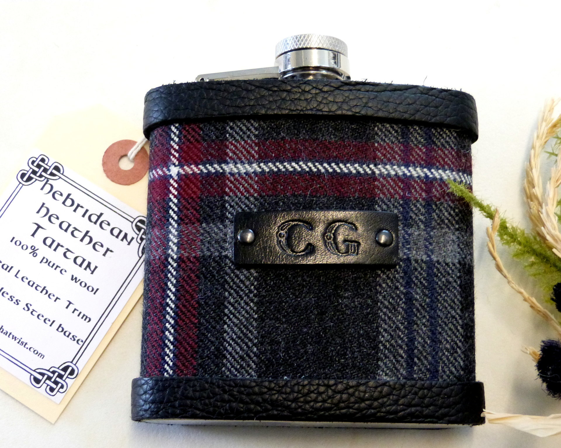 Bespoke Hip flask your Clan family or wedding tartan with hand embossed initials on leather tag