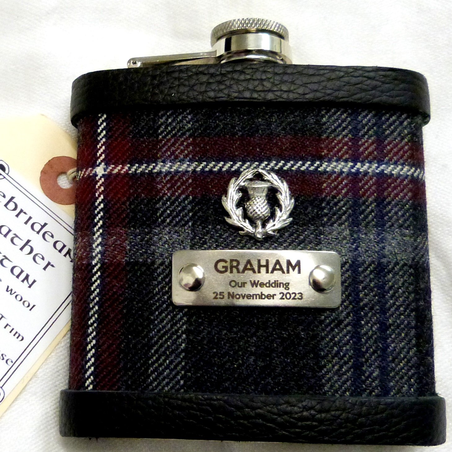 Hebridean Heather Tartan hip flask with thistle and custom engraved stainless steel tag with any name, date, motto etc.