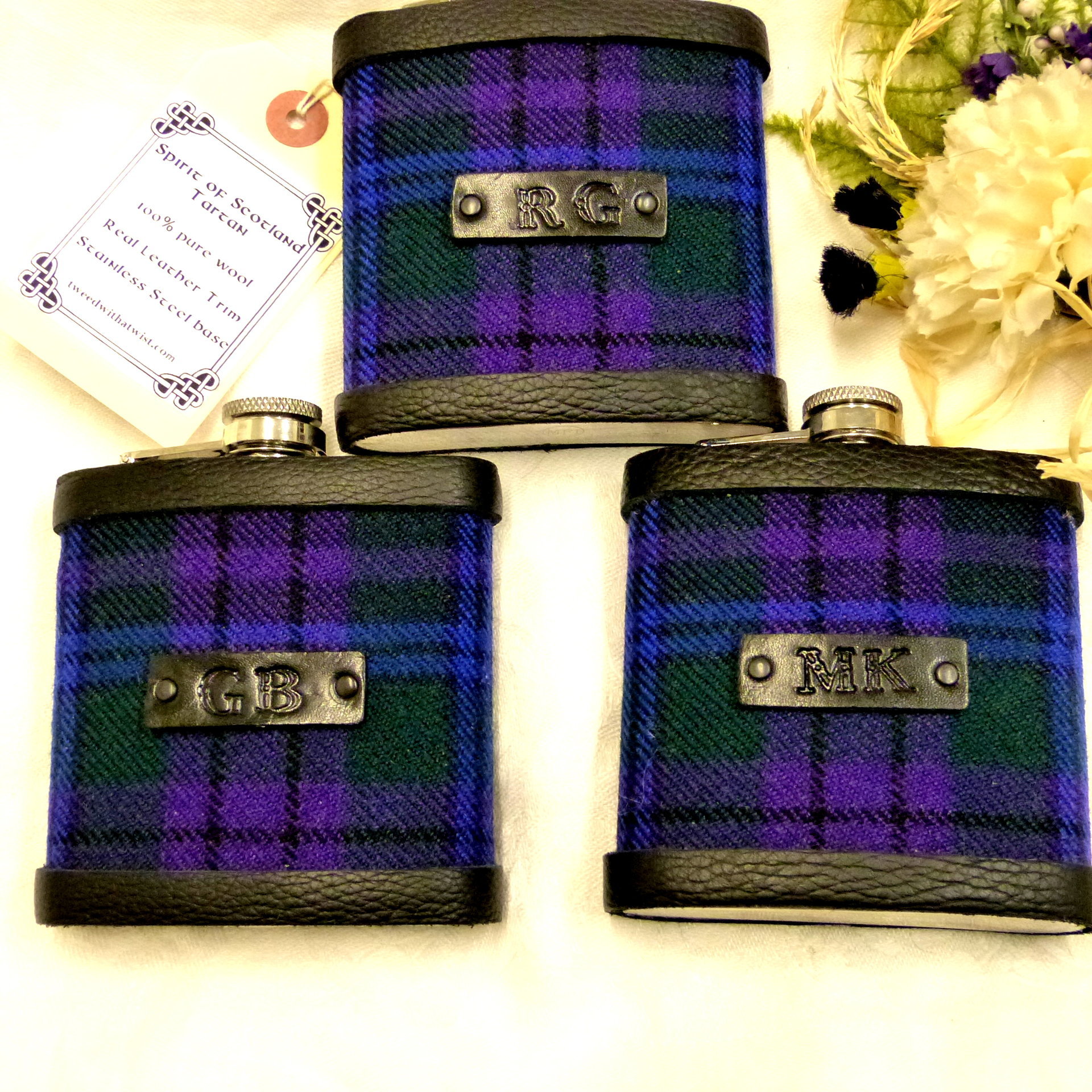 Spirit of Scotland Tartan Hip flask with black leather tag hand embossed initials