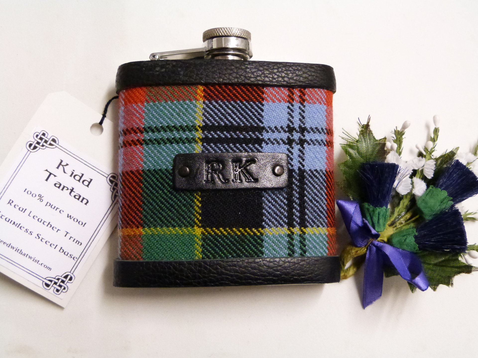 Bespoke Hip flask your Clan family or wedding tartan with hand embossed initials on leather tag