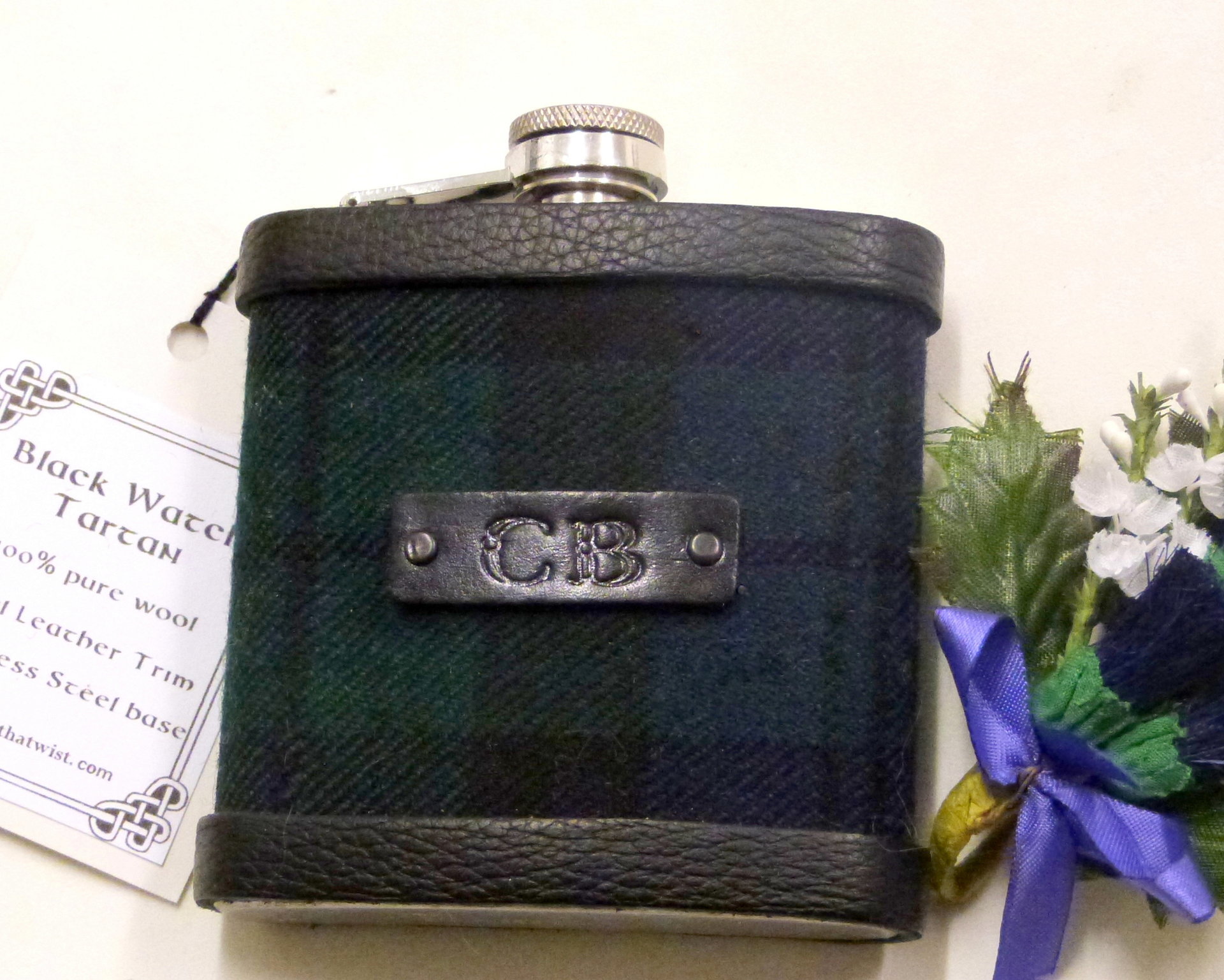 Black Watch tartan flask personalised choice of finish plain, engraved, thistle or leather
