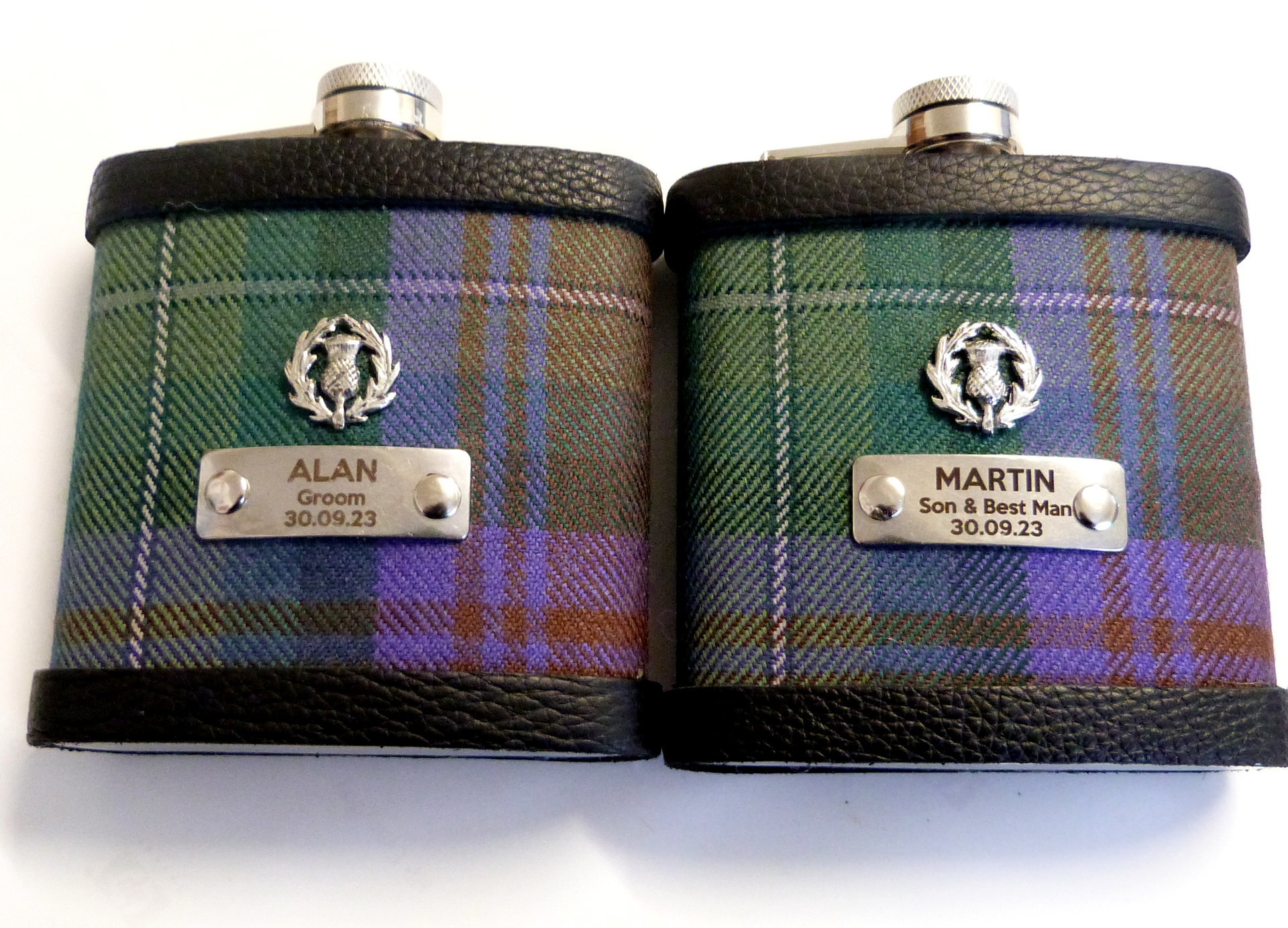 Isle of Skye tartan flask personalised choice of finish plain, engraved, thistle or leather