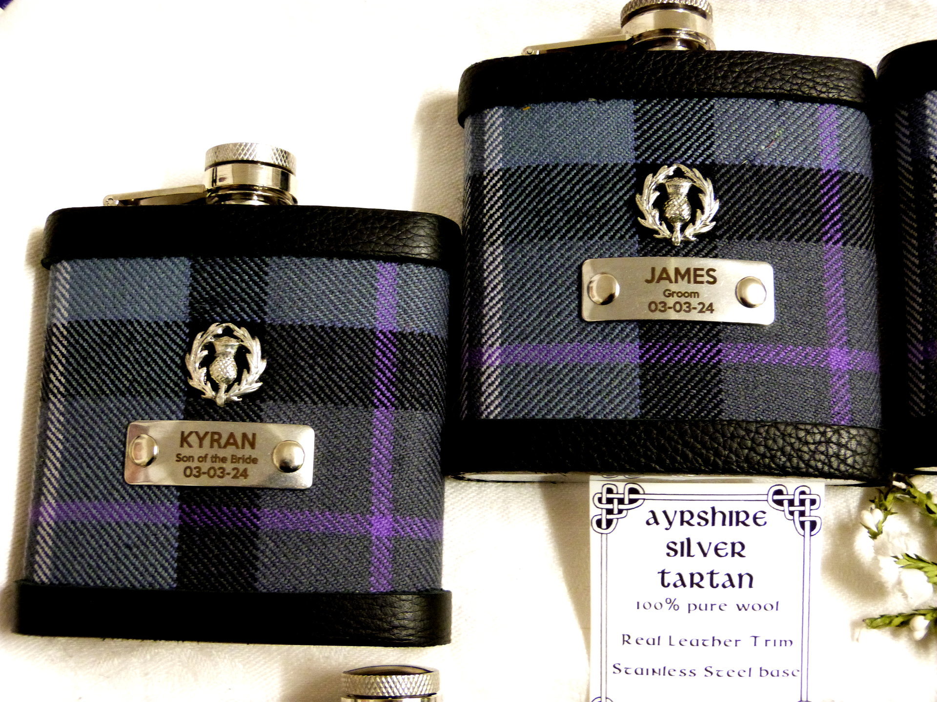 Custom listing for James. Set of & Ayrshire Silver tartan flasks, thistles and engraving as requested
