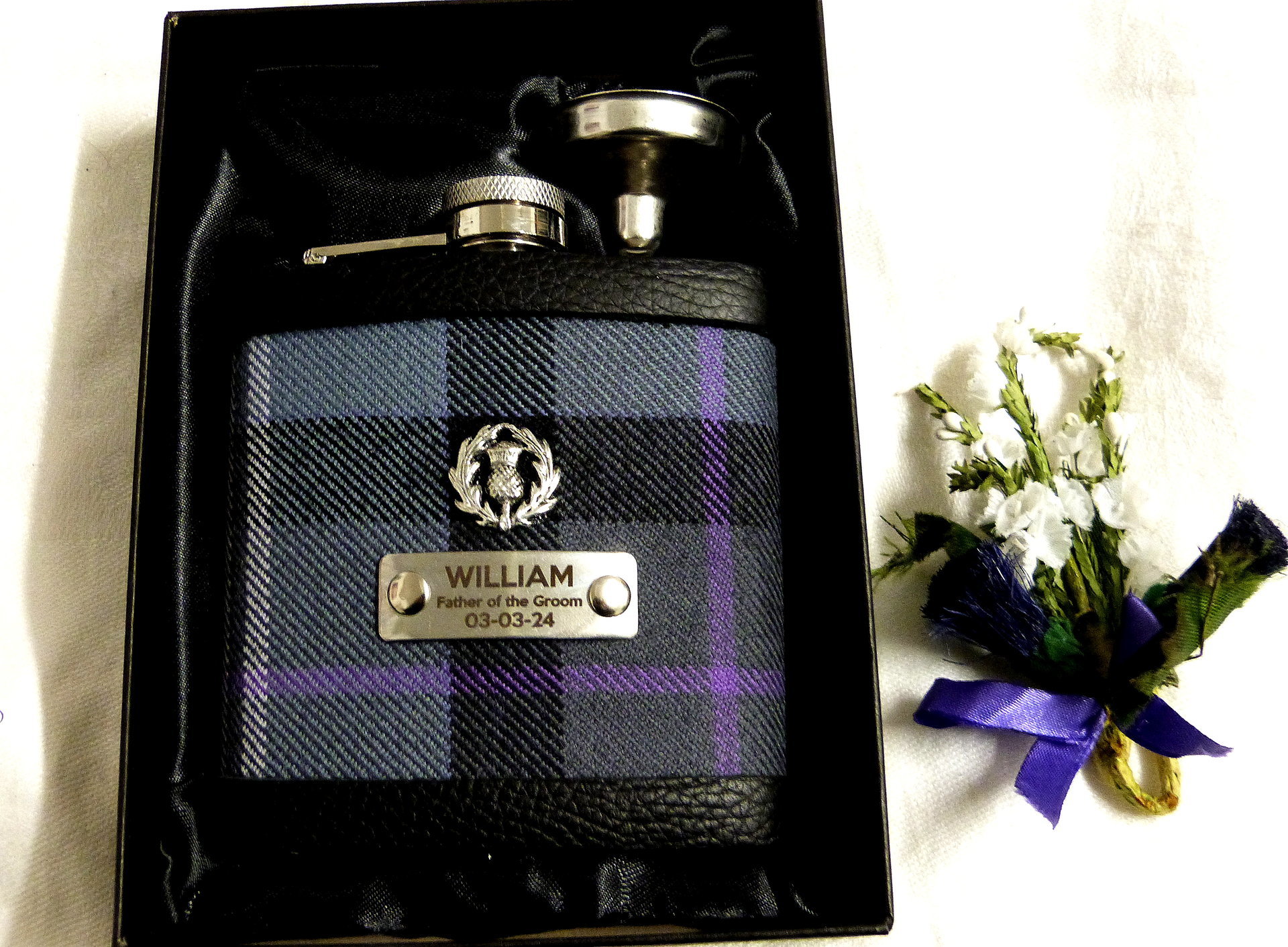 Custom listing for James. Set of & Ayrshire Silver tartan flasks, thistles and engraving as requested