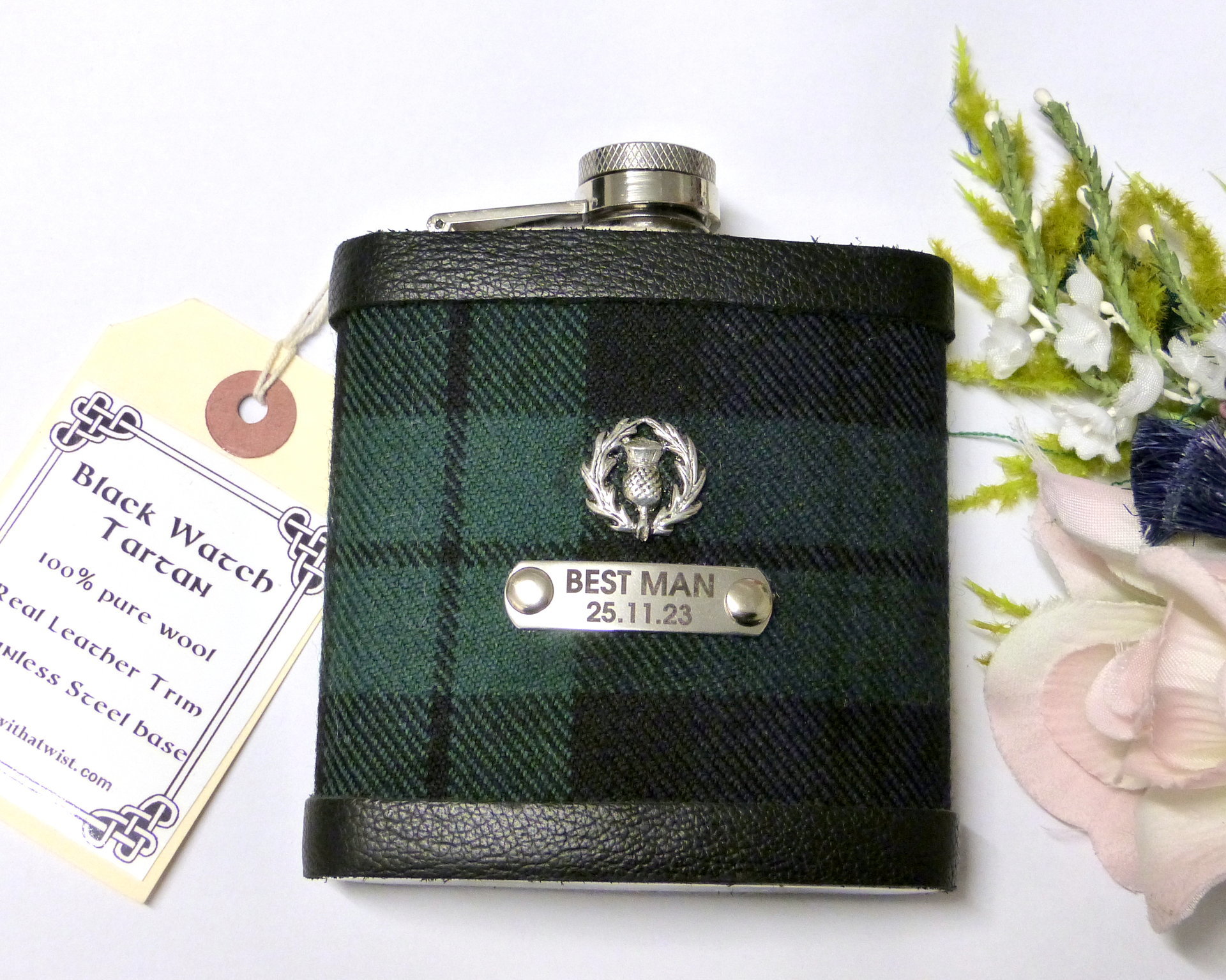 Black Watch tartan flask personalised choice of finish plain, engraved, thistle or leather