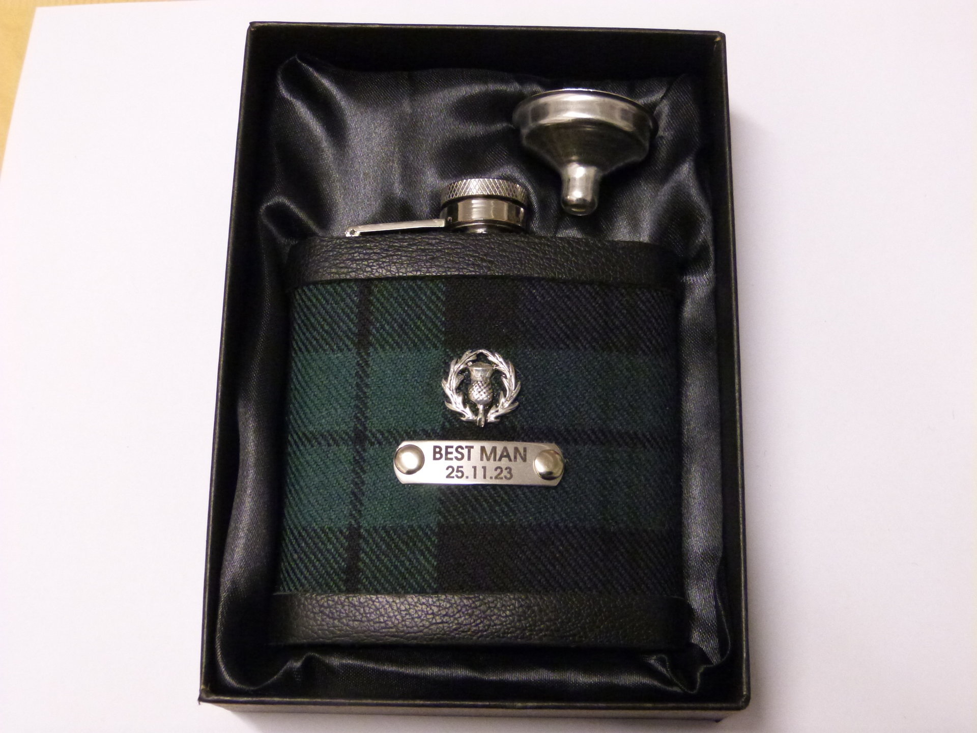 Black Watch tartan flask personalised choice of finish plain, engraved, thistle or leather