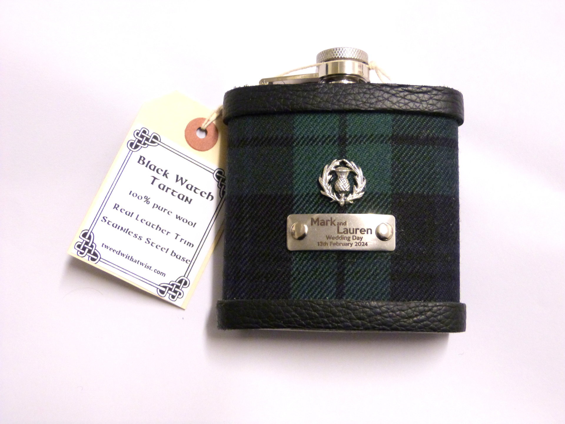 Black Watch tartan flask personalised choice of finish plain, engraved, thistle or leather