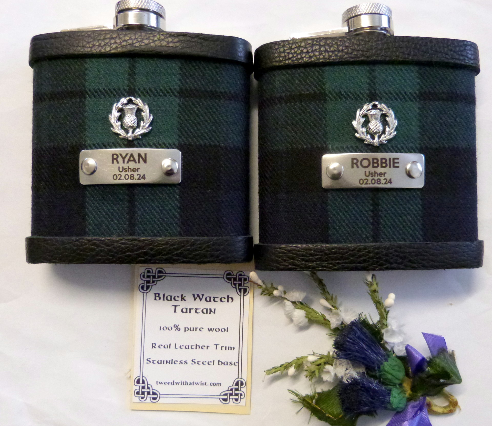 Custom order for  Cameron NINE tartan Hip Flasks  thistle and engraving