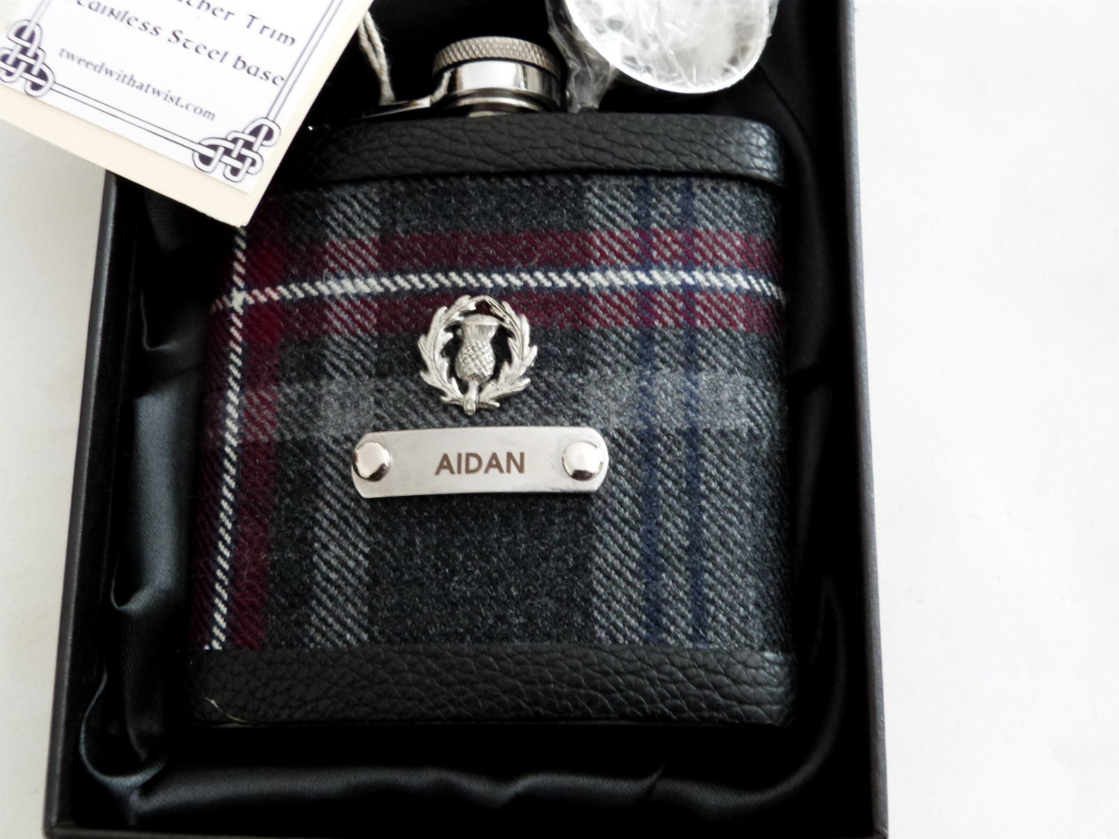 Hebridean Heather Tartan hip flask with thistle and custom engraved stainless steel tag with any name, date, motto etc.