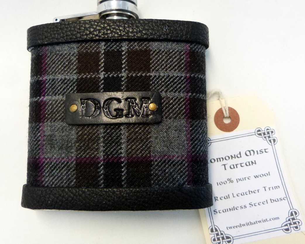 Bespoke Hip flask your Clan family or wedding tartan with hand embossed initials on leather tag