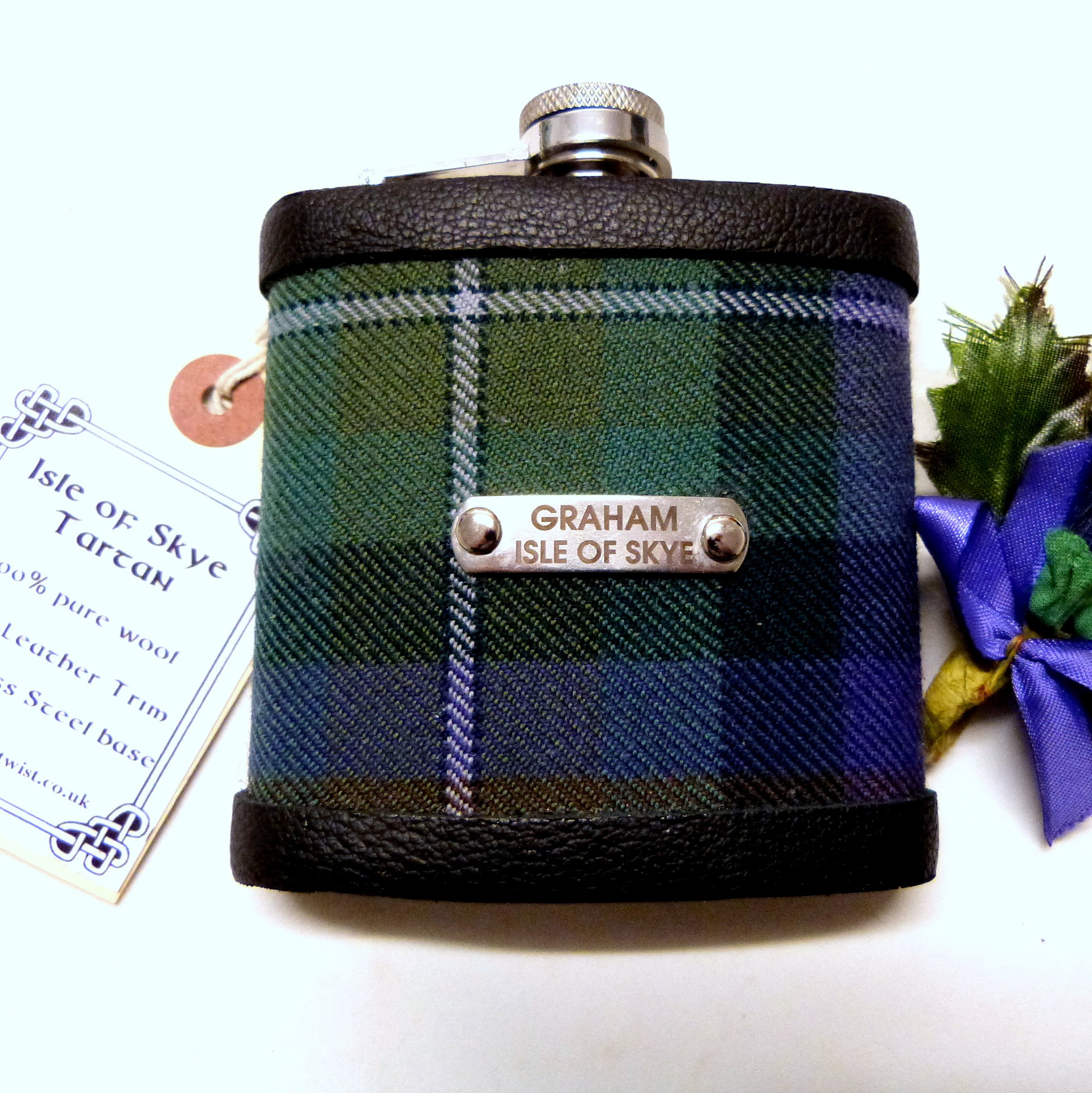 Isle of Skye tartan flask personalised choice of finish plain, engraved, thistle or leather