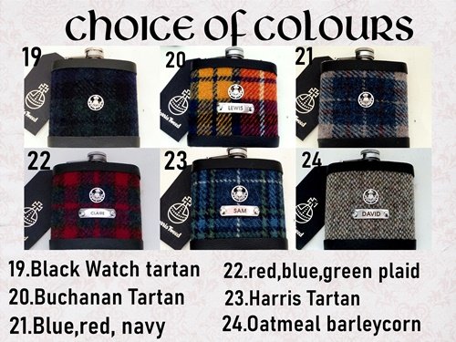 Harris Tweed Hip Flasks Choice of 30 tweeds with custom engraved name and thistle, groomsmen gifts in sets of 3-6