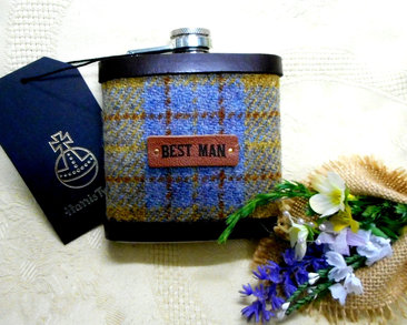 Harris Tweed hip flask Best Man Rustic wedding gift blue and yellow check rural  forest or woodland wedding leather trimmed country theme