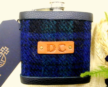 Harris-tweed-hip-flask-monogram-inintials-leather-label