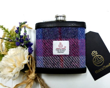 Harris-tweed-hip-flask-purple-red-pink-blue-tweed-with-a-twist