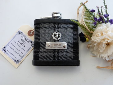 Your family or clan Tartan hip flask with thistle and custom engraved stainless steel tag with any name, date, motto etc.