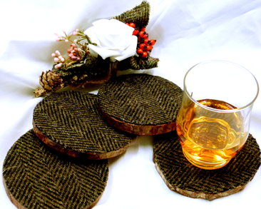 Harris Tweed - log slice- coasters -brown herringbone