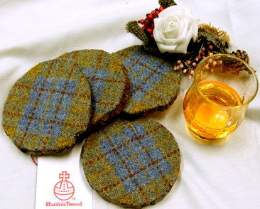 Log slice coasters with Harris Tweed in Blue, mustard yellow and russet plaid, ideal gift handmade in Scotland