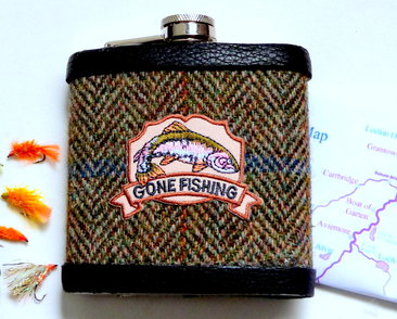 gone fishing-flask-harris tweed-fishermans gift-gift for him-mens gift