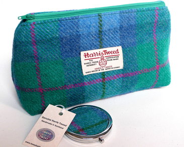 Harris Tweed Jade green, Blue and pink cosmetic bag with  matching compact mirror