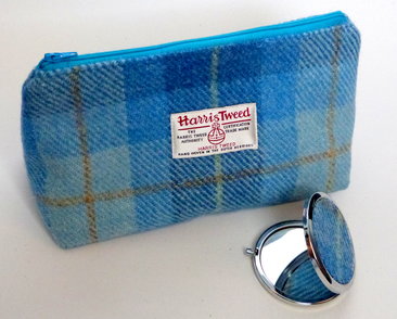 Cosmetic bag Blue shades of checked Harris Tweed with matching compact mirror Make-up bag