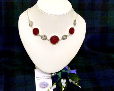 Red necklace Harris Tweed  with celtic infinity knots made in Scotland , Christmas or birthday gift womens or bridesmaid jewellery