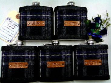 Your Wedding kilt tartan Hip Flasks  with initials embossed on leather labels for Best Man,  Father of Bride or groomsmen, Scottish luxury gift sets of 3-6