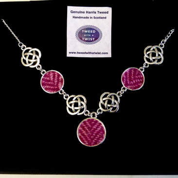 Pink Herringbone Harris Tweed necklace with celtic infinity knots made in Scotland , womans Christmas or birthday gift  or bridesmaid jewellery