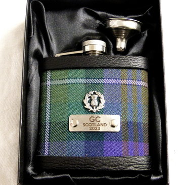 Isle of Skye tartan flask personalised choice of finish plain, engraved, thistle or leather
