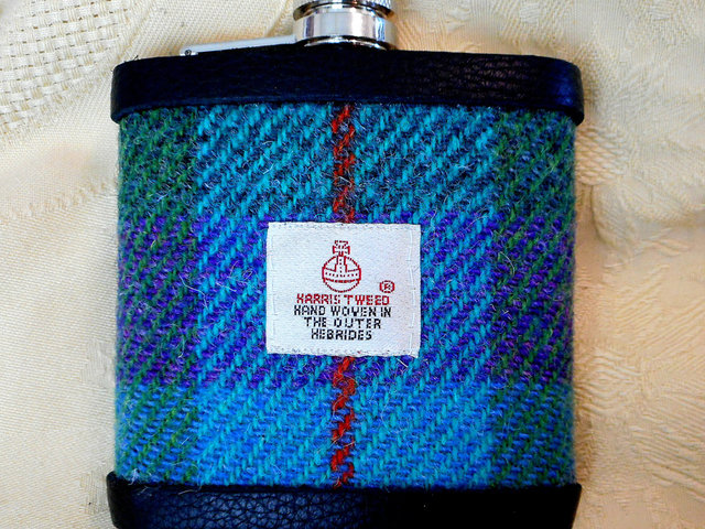 Harris-tweed-hip-flask-purple-green-blue-tweed-with-a-twist