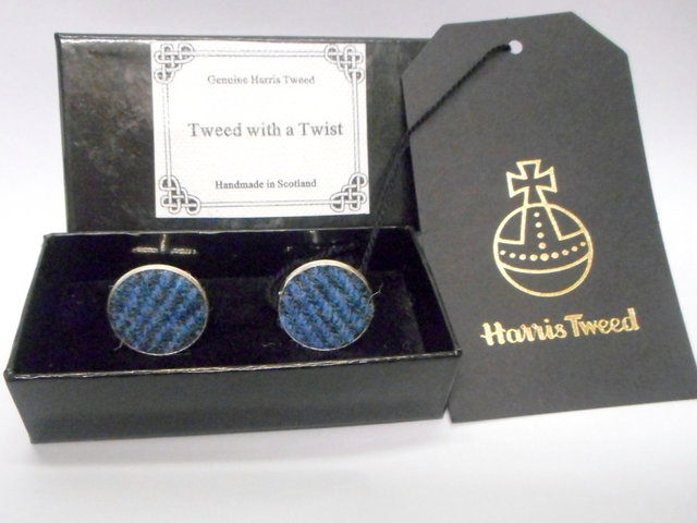 Harris-tweed-cuff-links-blue-and-grey-silver-round