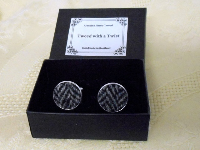 Harris Tweed cuff links silver grey herringbone made in Scotland traditional clothing accessories cufflinks  weddings groomsman gift for men