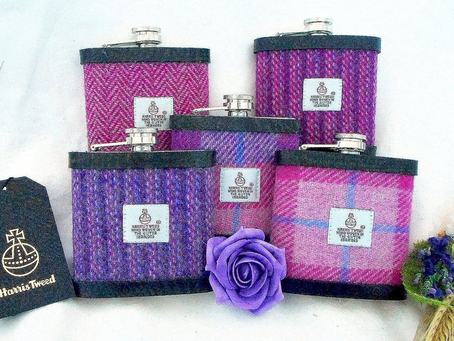 Bridesmaids-gifts-harris-tweed-hip-flasks-pink-personalised-quality-luxury