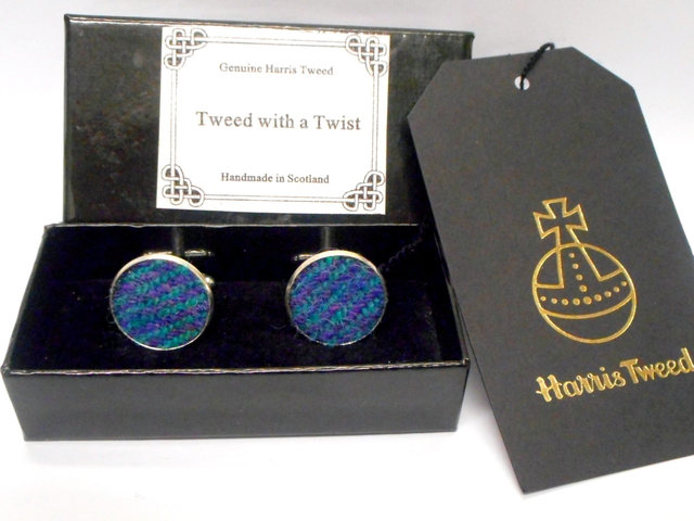 Harris Tweed cuff links jade green and purple made in Scotland traditional cufflinks  for weddings groomsman ,gift for men