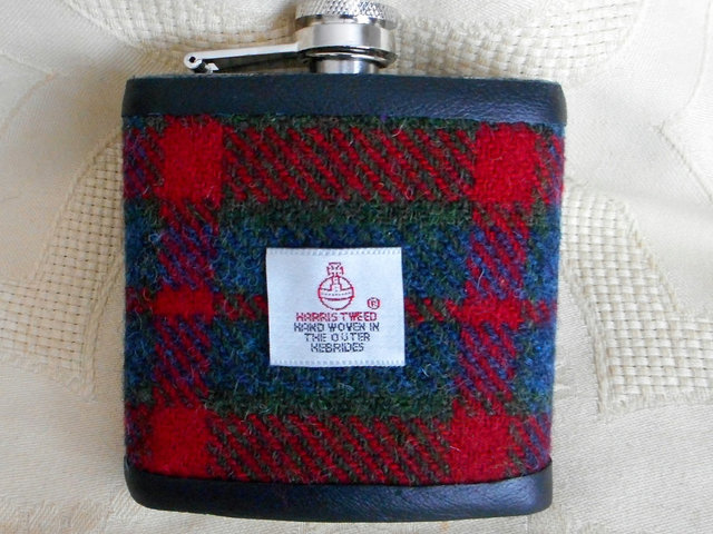 Harris Tweed hip flask red green blue plaid tartan mens gift retirement gift best man usher groomsman birthday 21st made in Scotland  UK