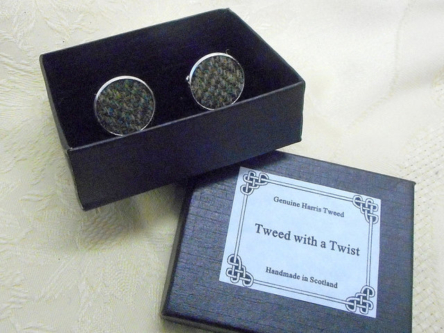 Harris Tweed cuff links olive green herringbone made in Scotland traditional clothing accessories cufflinks  weddings groomsman gift for men