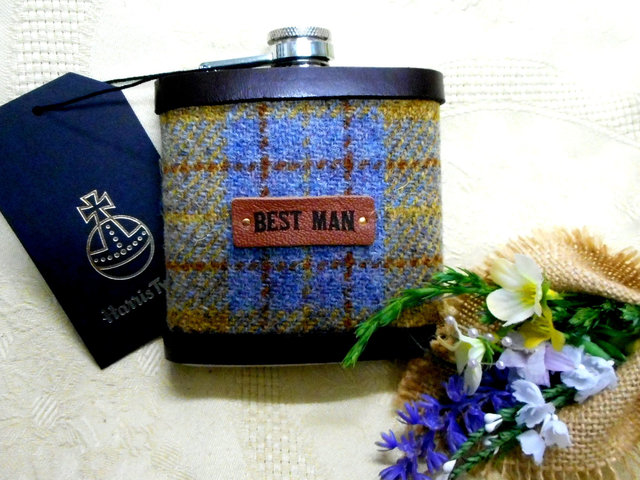Harris Tweed hip flask Best Man Rustic wedding gift blue and yellow check rural  forest or woodland wedding leather trimmed country theme