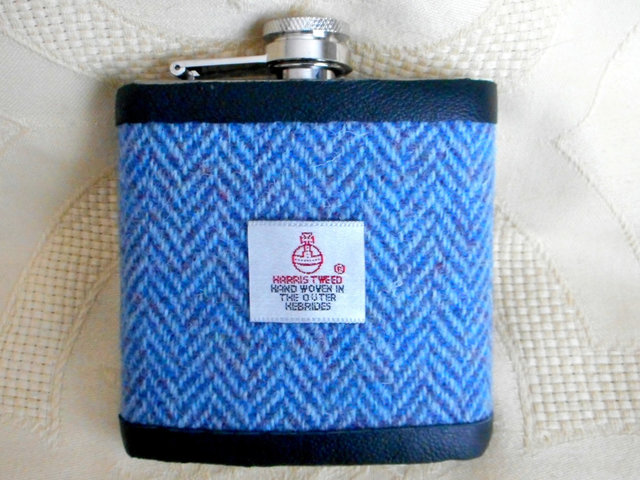 Harris-tweed-hip-flask-blue-herringbone-wedding-gift-best-man-usher-groomsman