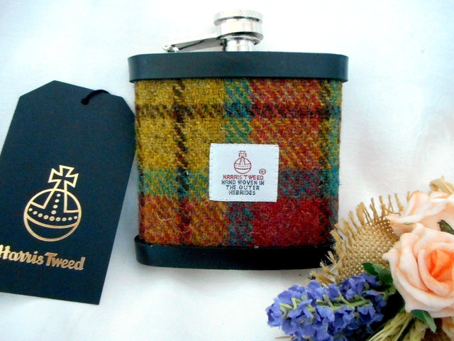 Harris-tweed-hip-flask-yellow-green-red-tartan-plaid