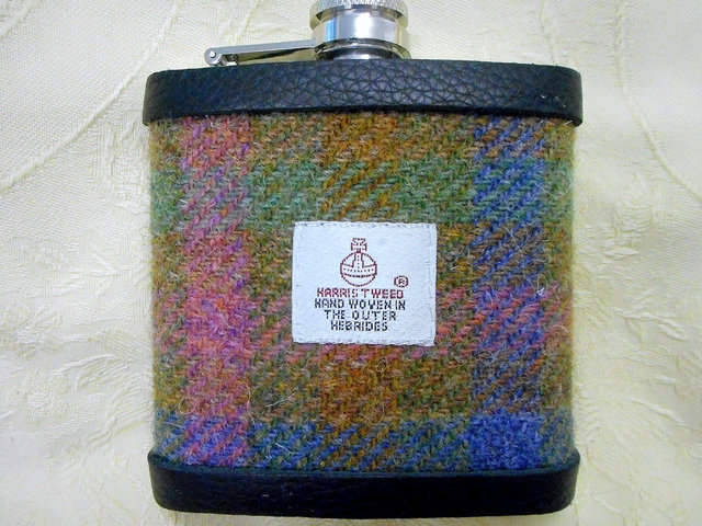 harris-tweed-hip-flask-pink-green-blue-gold