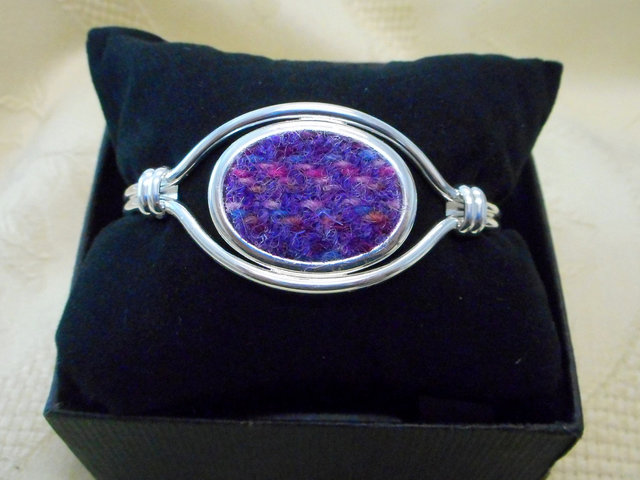 Harris-tweed-bridesmaid-gift-purple-pink-bangle-bracelet-silver