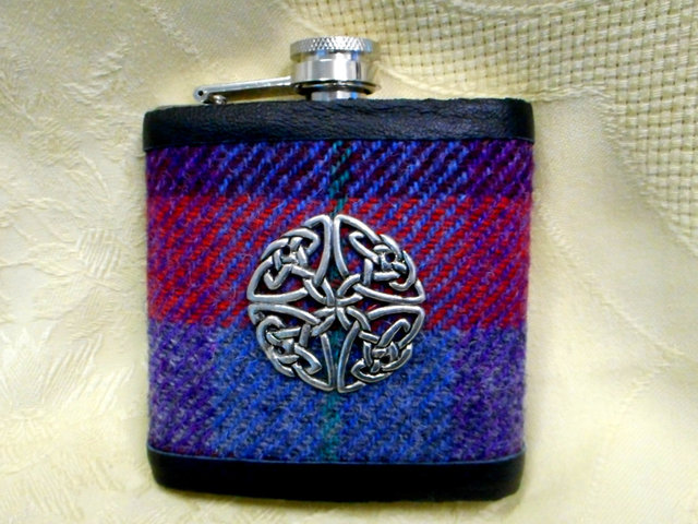 Harris-tweed-hip-flask-purple-red-and-blue-celtic-knot