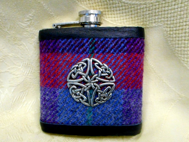 Harris-tweed-hip-flask-purple-red-and-blue-celtic-knot
