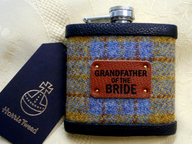 Grandfather-of-the-bride-gift-harris-tweed-hip-flask-tweed-with-a-twist